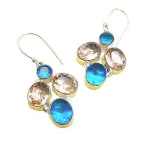 Vtg Blue Pear Cut Women Drop Dangle Earring 925 Sterling Silver